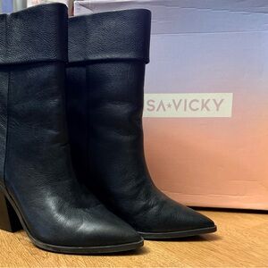 LISA VICKY Black Pointed-Toe Mid-Calf Leather Boots